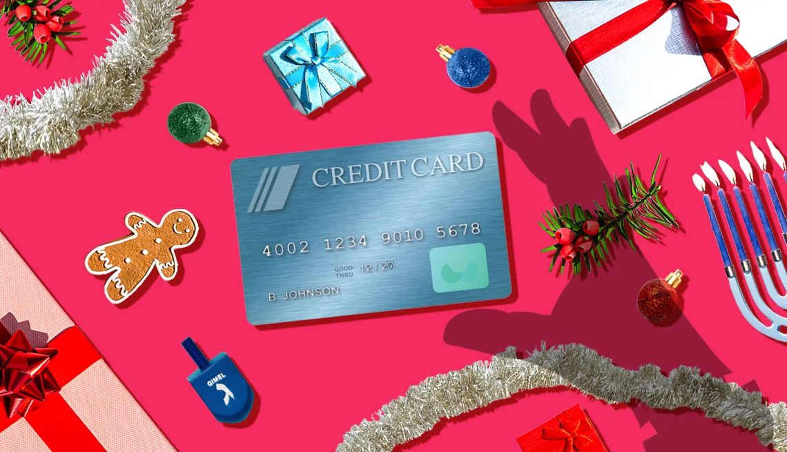 Holiday scams a credit card surrounded by festive holiday images with a hand reaching for it