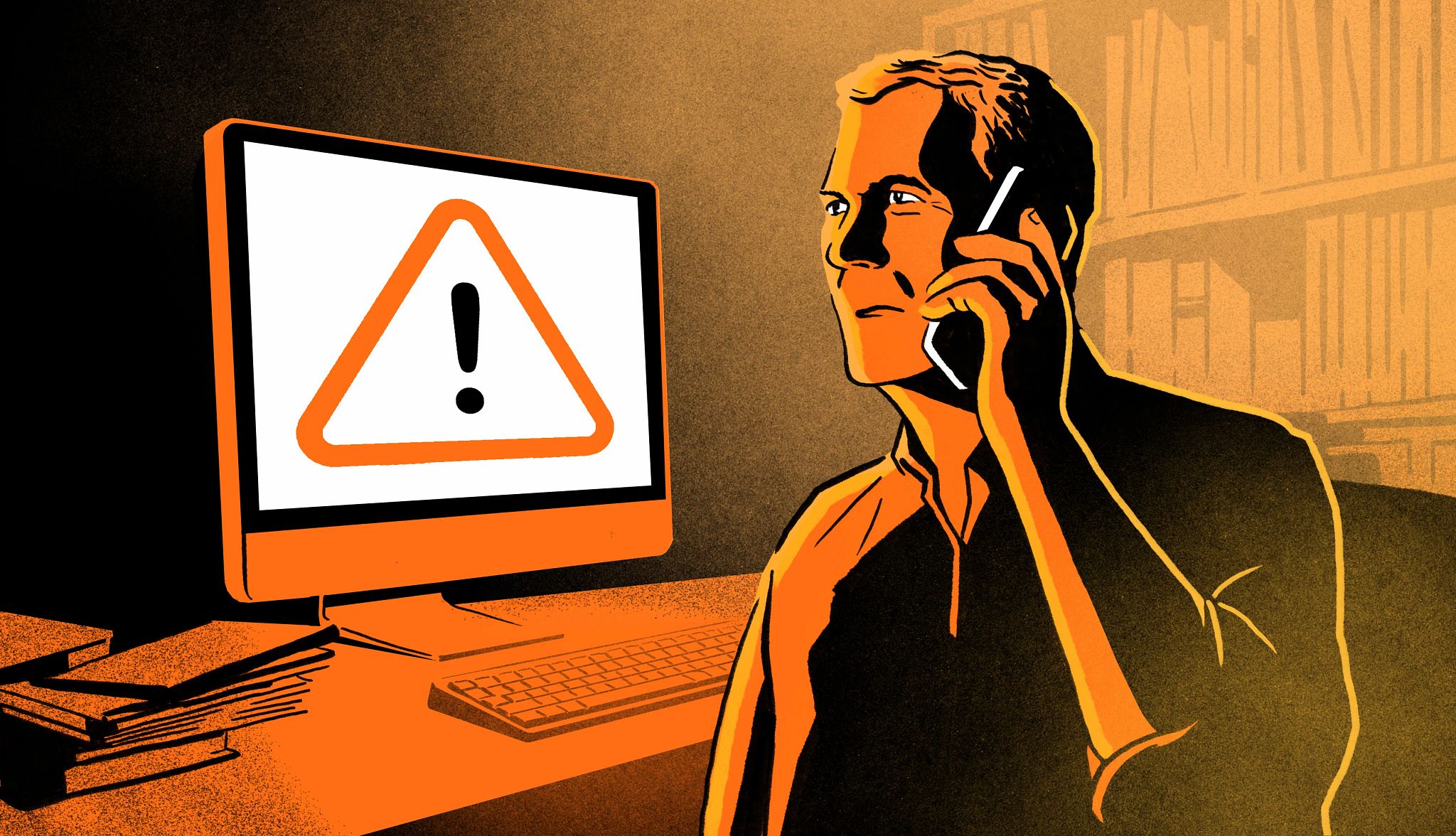 A man is on the phone with law enforcement after he's experienced a scam on his computer. An illustration of a man on the phone staring at a computer screen with an alert on it